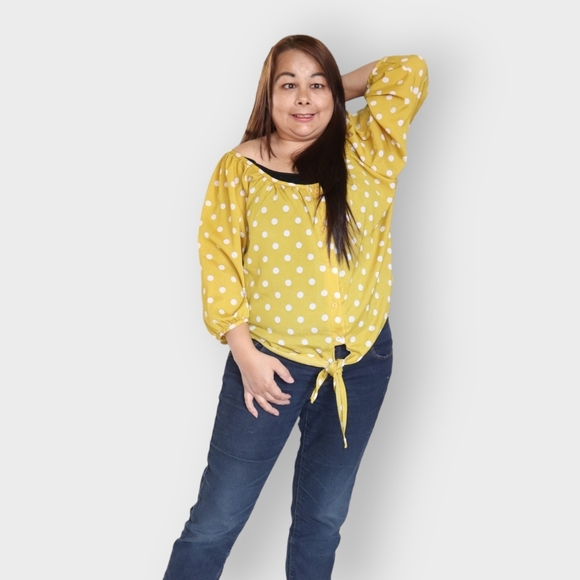 COLLECTION COSTA BLANCA WOMENS L YELLOW & WHITE POKA DOT SHIRT - Picture 6 of 14